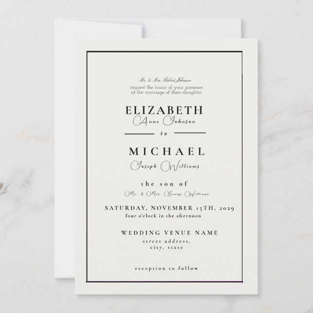 Modern White and Black Simple Wedding Invitation (Front)