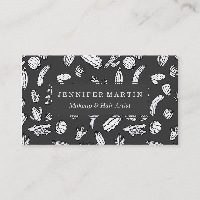 Modern White and Black Succulent Cactus  Pattern Business Card (Front)