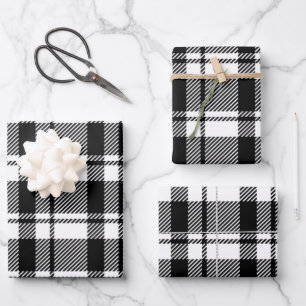Modern White and Black Tartan Plaid Wrapping Paper Sheets
