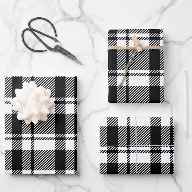 Modern White and Black Tartan Plaid  Wrapping Paper Sheets (Front)