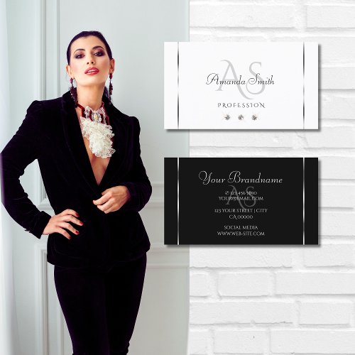 Modern White and Black with Diamonds Gray Initials Business Card