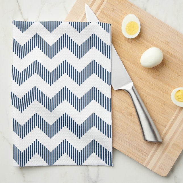 Modern White And Blue Chevron Pattern Kitchen Towel (Quarter Fold)