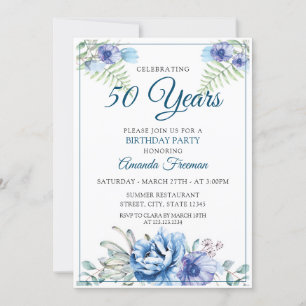 Modern White and Blue Floral Mother Birthday Invitation