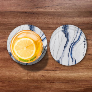 Modern White and Blue Minimalist Marble Coaster Set