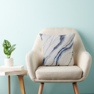 Modern White and Blue Minimalist Marble Throw Pillow