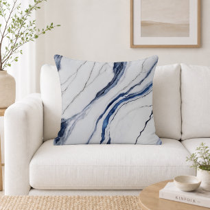 Modern White and Blue Minimalist Marble Throw Pillow