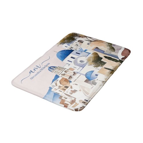 Modern White and Blue Santorini Greece Bath Mat