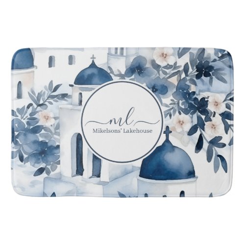 Modern White and Blue Santorini Greece Bath Mat