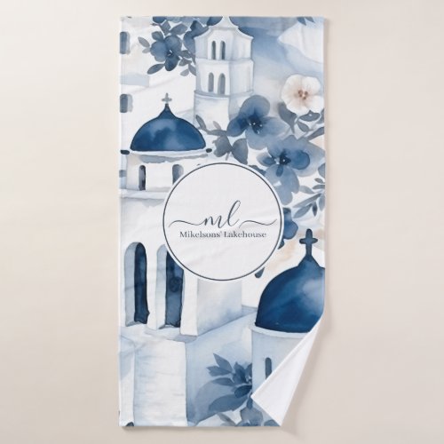 Modern White and Blue Santorini Greece Bath Towel