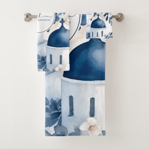 Modern White and Blue Santorini Greece Bath Towel Set