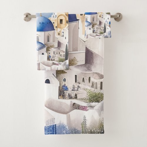 Modern White and Blue Santorini Greece Bath Towel Set