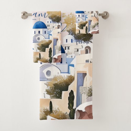 Modern White and Blue Santorini Greece Bath Towel Set