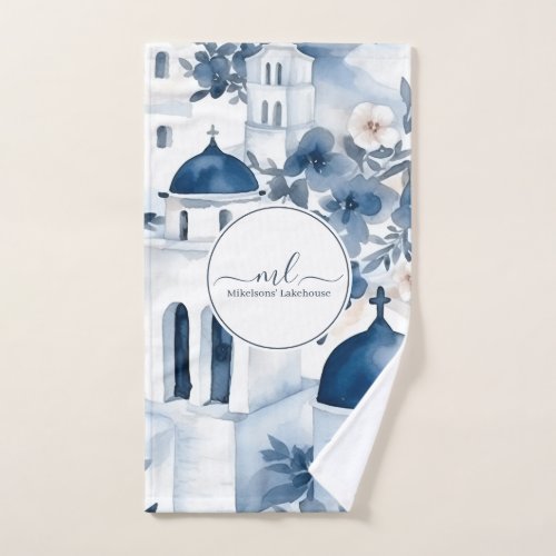 Modern White and Blue Santorini Greece Hand Towel