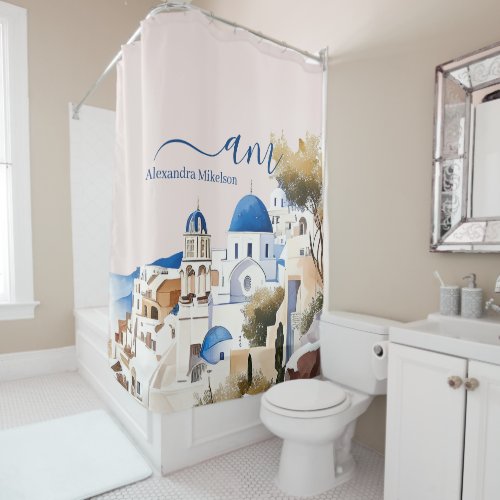 Modern White and Blue Santorini Greece Shower Curtain