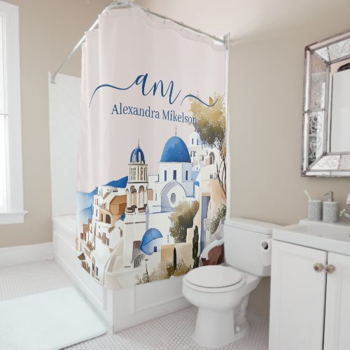 Modern White and Blue Santorini Greece Shower Curtain