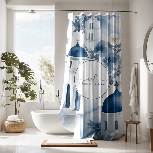 Modern White and Blue Santorini Greece Shower Curtain