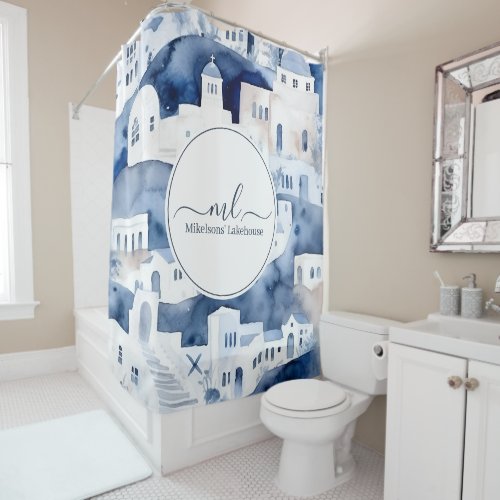 Modern White and Blue Santorini Greece Shower Curtain