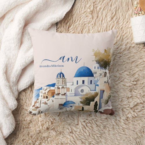 Modern White and Blue Santorini Greece Throw Pillow