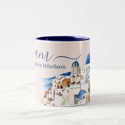 Modern White and Blue Santorini Greece Two_Tone Coffee Mug