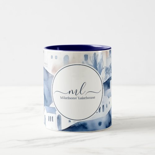 Modern White and Blue Santorini Greece Two_Tone Coffee Mug