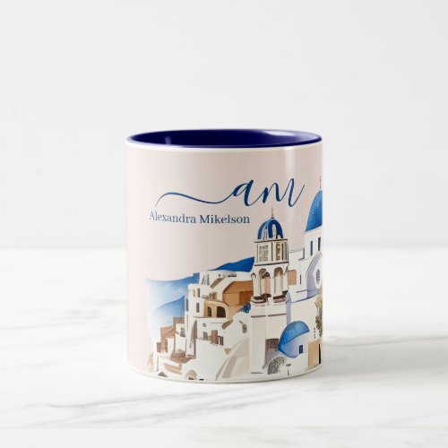 Modern White and Blue Santorini Greece Two_Tone Coffee Mug