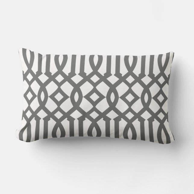 Modern White and Charcoal Gray Trellis Outdoor Pillow (Front)