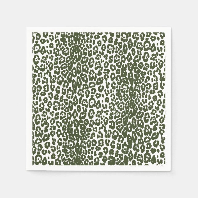 Modern white and dark green leopard print napkins (Front)
