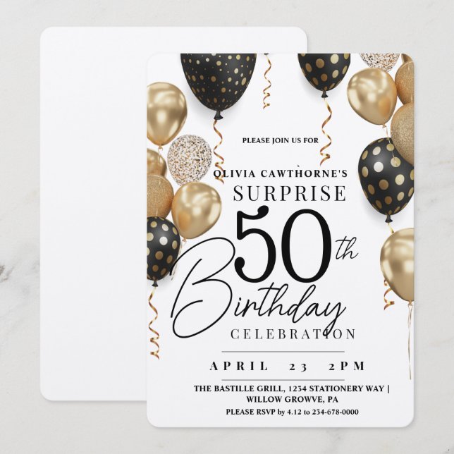 Modern White and gold black balloon 50th Birthday Invitation (Front/Back)
