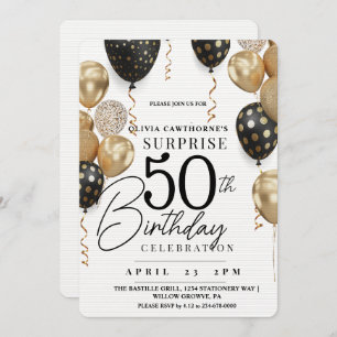 Modern White and gold black balloon 50th Birthday Invitation