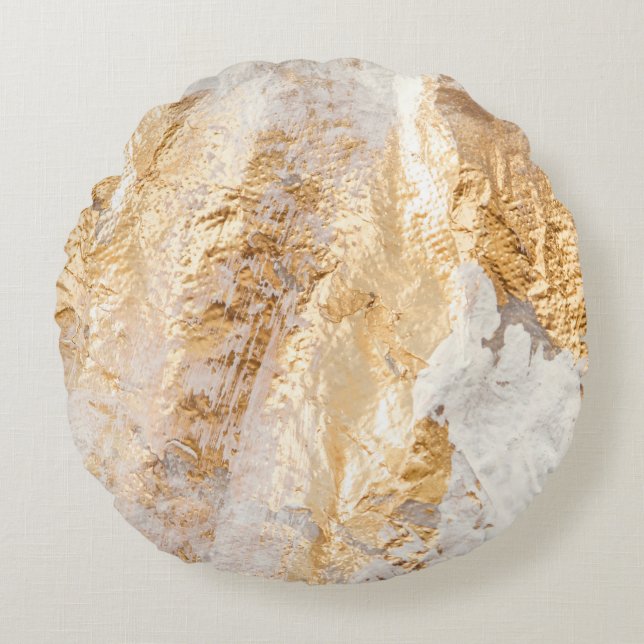 Modern White And Gold Brush Painted Background Tex Round Pillow (Front)