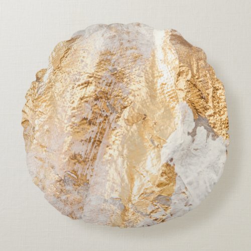 Modern White And Gold Brush Painted Background Tex Round Pillow