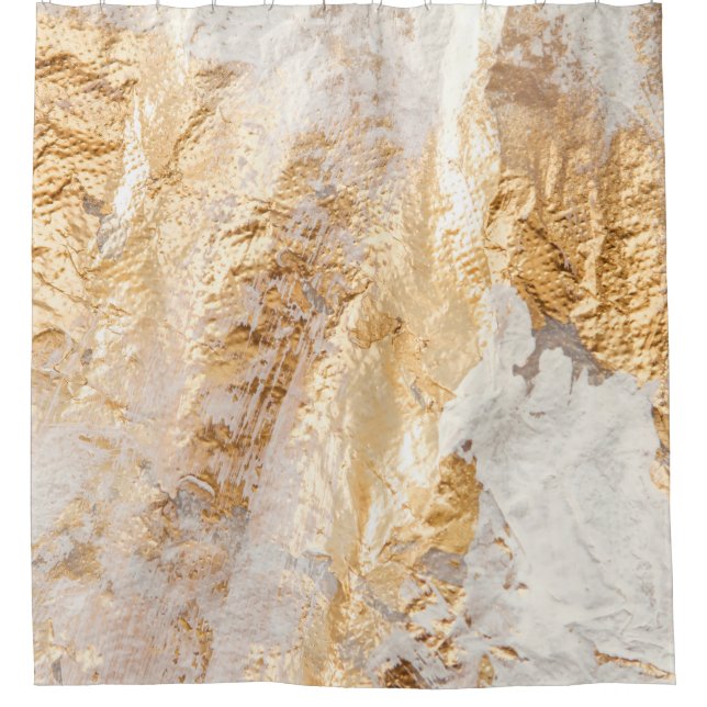 Modern White And Gold Brush Painted Background Tex Shower Curtain (Front)