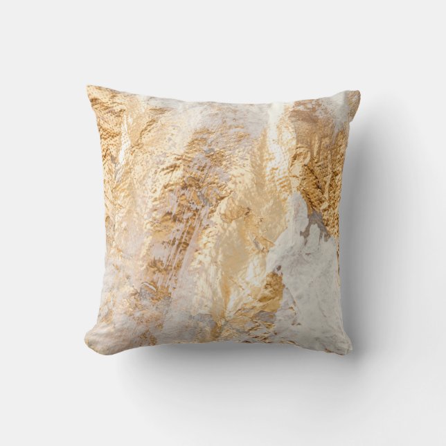 Modern White And Gold Brush Painted Background Tex Throw Pillow (Front)