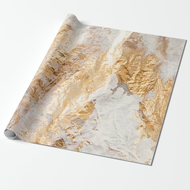 Modern White And Gold Brush Painted Background Tex Wrapping Paper (Unrolled)