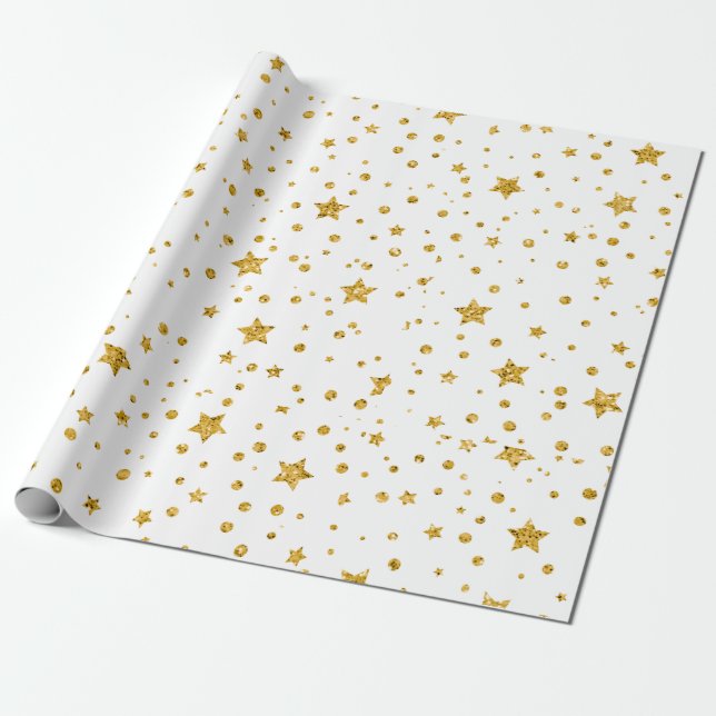 Modern White and Gold Celestial Stars Wrapping Paper (Unrolled)