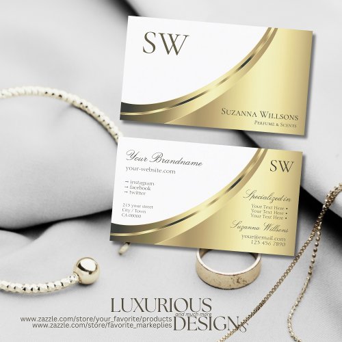 Modern White and Gold Decor with Monogram Luxury Business Card