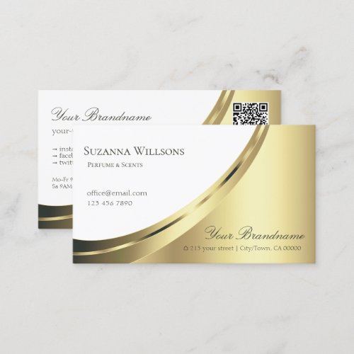 Modern White and Gold Decor with QR_Code Luxurious Business Card