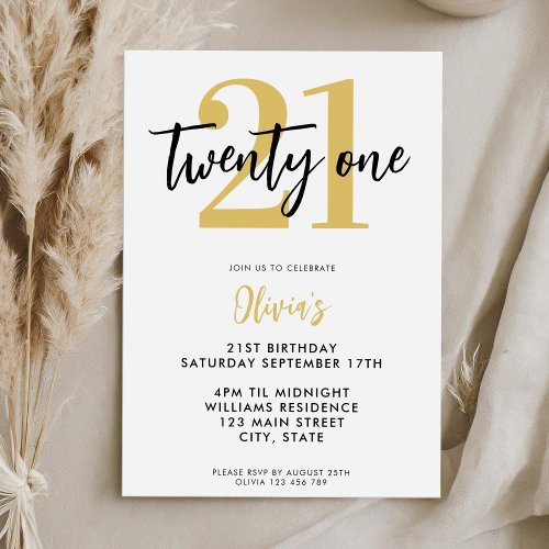 Modern White and Gold Elegant 21st Birthday Invitation