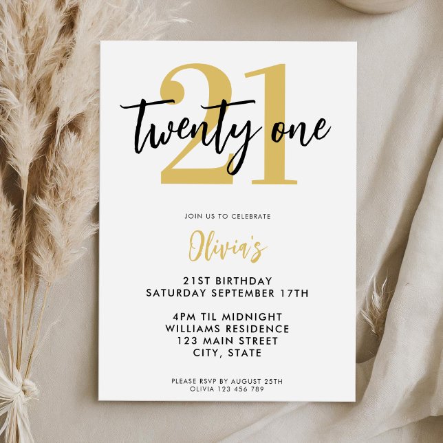 Modern White and Gold Elegant 21st Birthday Invitation (Creator Uploaded)