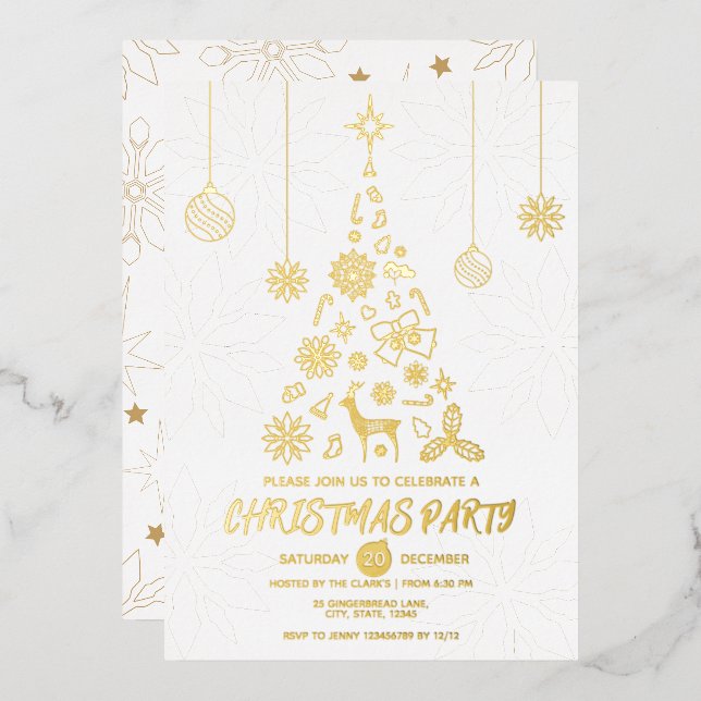 Modern White and Gold Elegant Xmas Tree Party Foil Invitation (Front/Back)