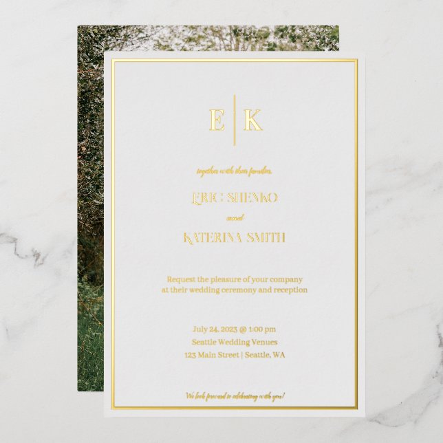 Modern White and Gold Foil Wedding Invitation Foil Invitation (Front/Back)