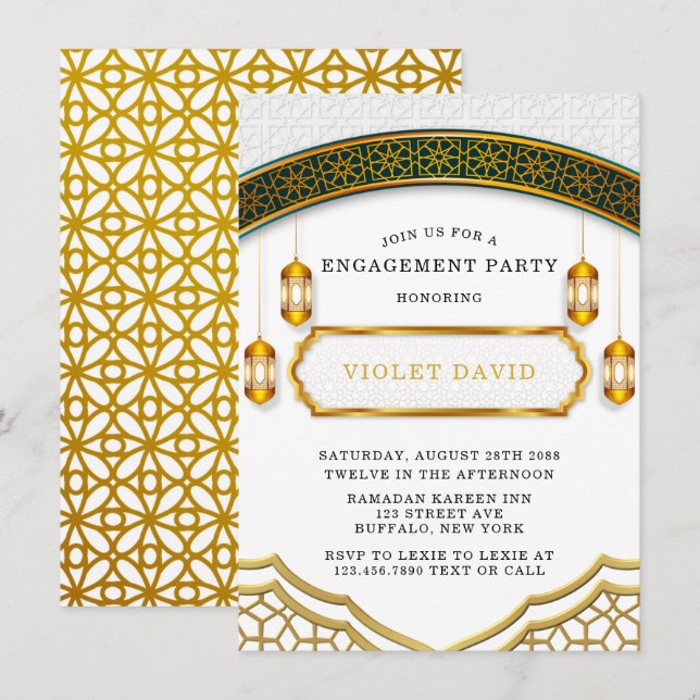Modern White and Gold Islamic Engagement Party  Invitation (Front/Back)
