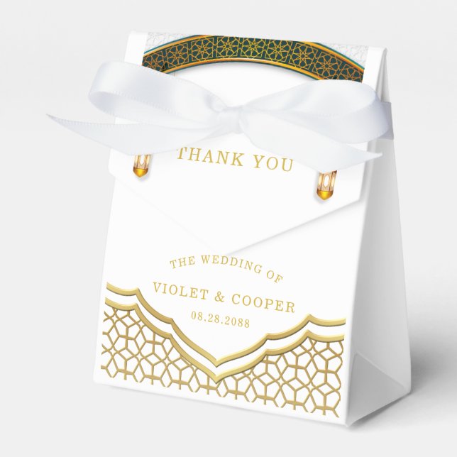 Modern White and Gold Islamic Wedding Favor Boxes (Front Side)