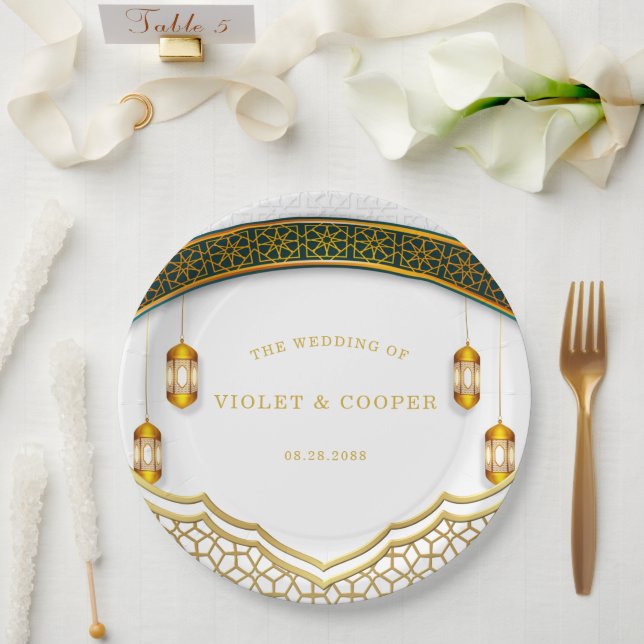 Modern White and Gold Islamic Wedding  Paper Plates (Wedding)
