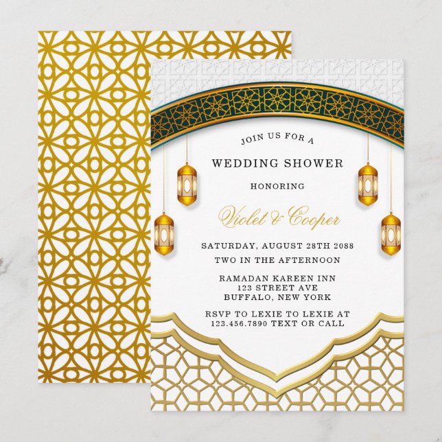 Modern White and Gold Islamic Wedding Shower Invitation (Front/Back)