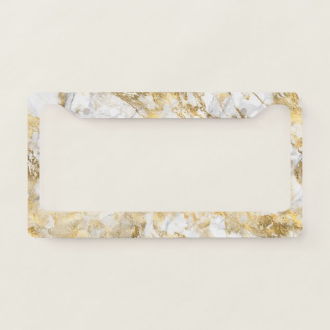 Modern White and Gold Marble Pattern License Plate Frame (Front)