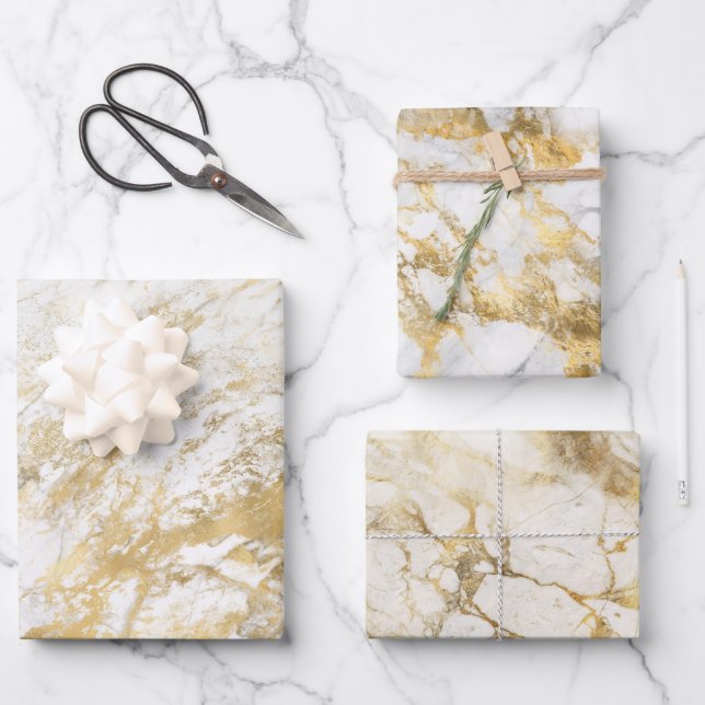 Modern White and Gold Marble Pattern Wrapping Paper Sheets (Front)