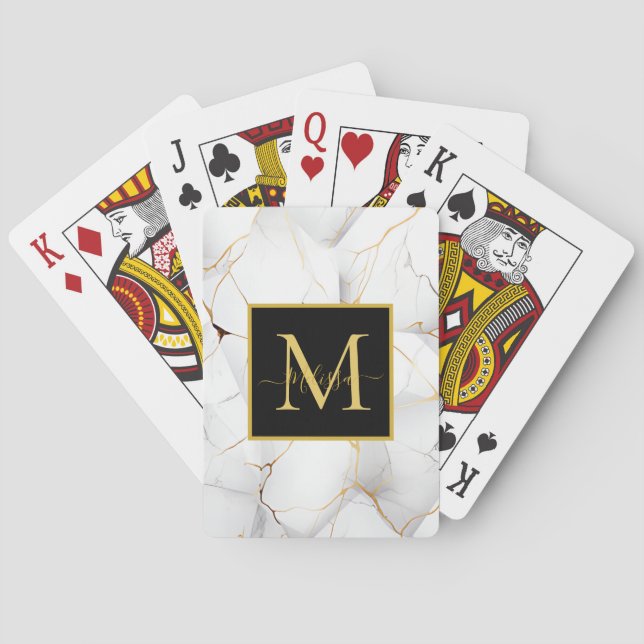 Modern White and Gold Marbled Monogram Name Poker Cards (Back)