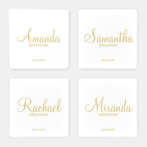 Modern White and Gold Personalized Bridesmaids Coaster Set