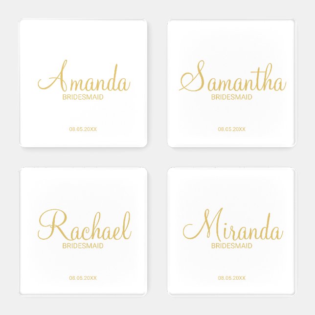 Modern White and Gold Personalized Bridesmaids Coaster Set (Set)